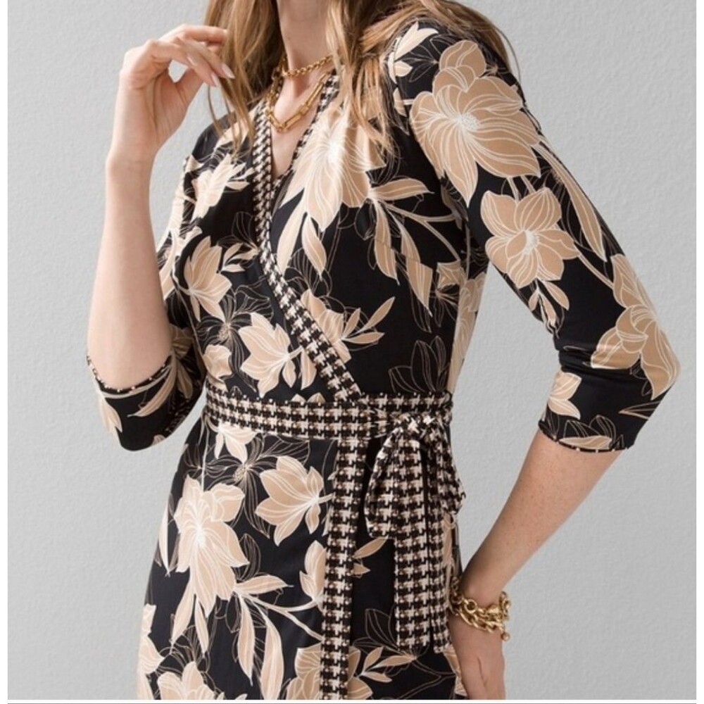 NWT White House Black Market Black Tan Floral Houndstooth Reversible Wrap Dress - Picture 15 of 15